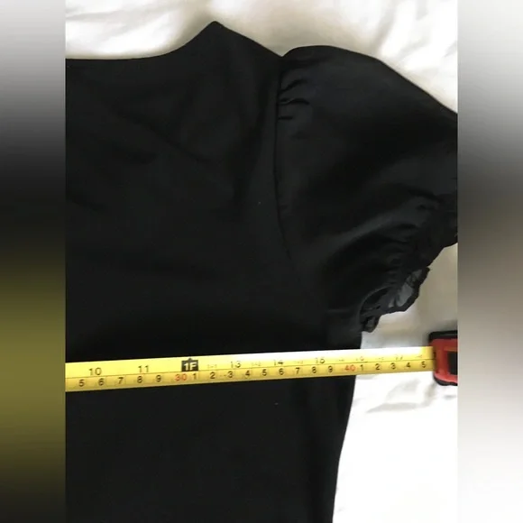 EUC WHBM black short sleeve vneck top with sheer ruffle accent and sleeves. - Picture 7 of 8